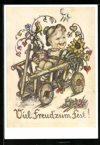 Künstler-AK Hummel: Kleiner fröhlicher Junge im Bollerwagen sitzend