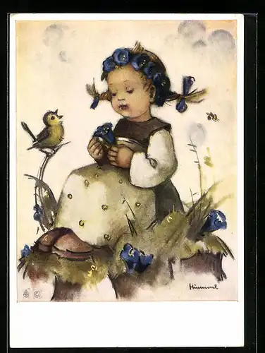 Künstler-AK Hummel: Niedliches kleines Mädchen mit Enzianblumen im Haar