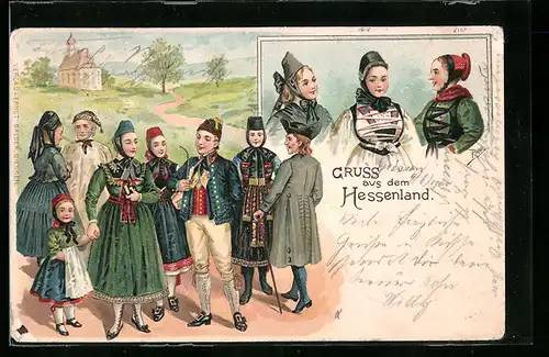 Lithographie Hessen in Tracht beim Kirchgang