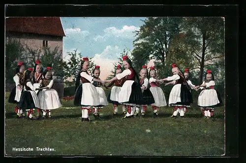 AK Hessische Kinder in Tracht beim Ringel-Reihen