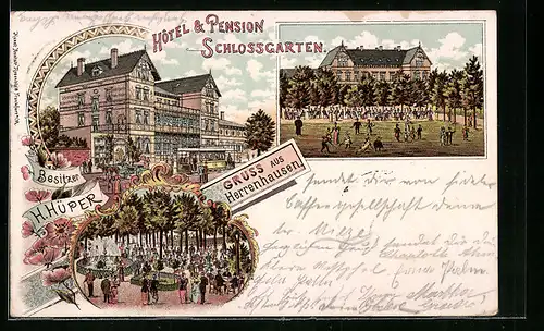 Lithographie Herrenhausen, Hotel & Pension Schlossgarten mit Strassenbahn