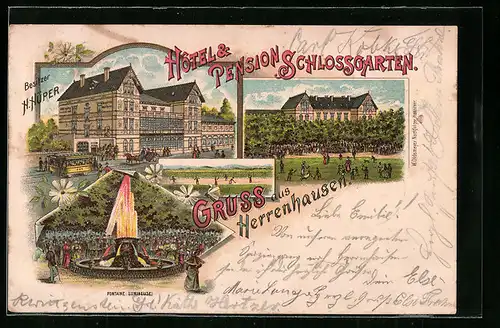 Lithographie Herrenhausen, Hotel Pension Schlossgarten, Gartenpartie, Fontaine Lumineuse