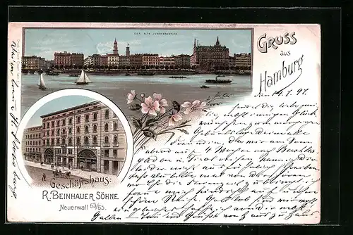 Lithographie Hamburg-Neustadt, Der alte Jungfernstieg, Geschäftshaus R. Beinhauser Söhne, Neuerwall 63 /65