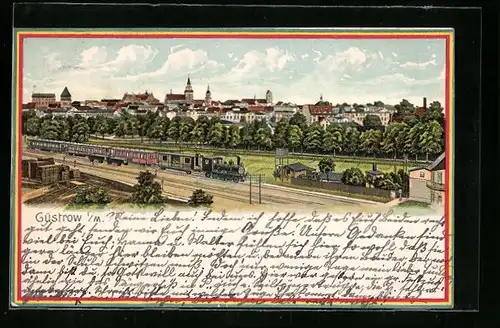 Lithographie Güstrow i. M., Panorama mit Bahnhof