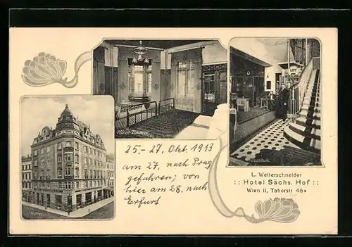 AK Wien, Hotel Sächs. Hof in der Taborstrasse 46a, Innenansicht eines Hotel-Zimmers