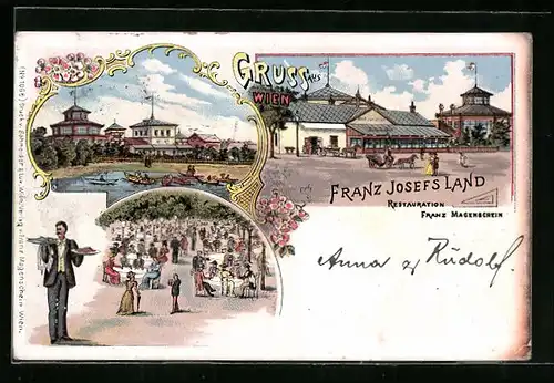 Lithographie Wien, Restaurant Franz Josefs Land von Franz Magenschein