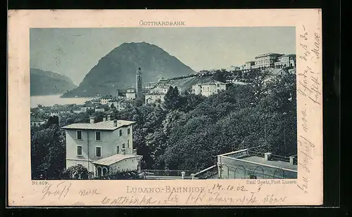 AK Lugano, Panorama mit Bahnhof und der Gotthardbahn