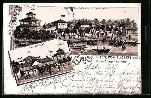 Lithographie Wien, Restaurant Franz Josefs Land von Franz Magenschein, Haupt- und Gartenansicht