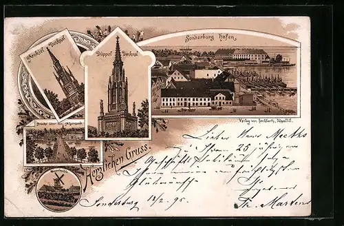 Vorläufer-Lithographie Sonderburg, 1895, Arnkiel Denkmal, Düppel-Denkmal, Brücke über d. Alsengund, Düppelmühle u. Hafen