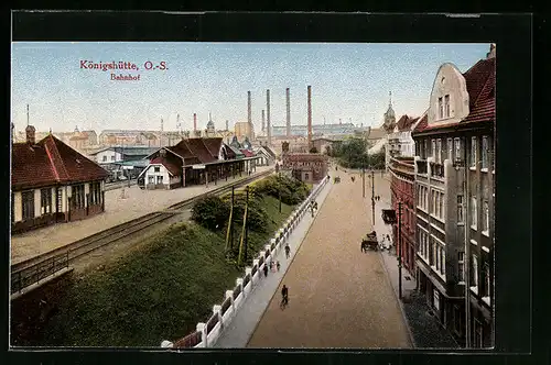 AK Königshütte, Strassenpartie am Bahnhof aus der Vogelschau