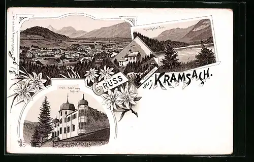 Lithographie Kramsach, Totalansicht, Rainthaler See, Gräfl. Taxis`sches Schloss