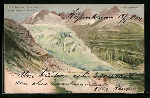 Lithographie Killinger Nr. 120: Rhonegletscher, Die Rhone nach Süden enteilend, Berg mit Gesicht / Berggesichter