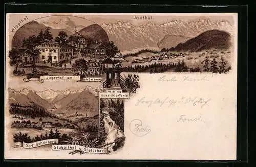 Lithographie Schönberg im Wippthal, Gasthaus Jägerhof, Ortsansicht mit Gletscher, Witting-Aussichtswarte und Innthal