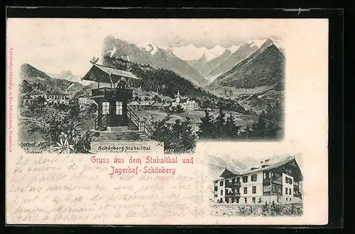 AK Schönberg im Stubaital, Gasthaus Jagerhof mit Alpenlandschaft