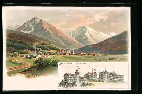 Lithographie Igls bei Innsbruck, Grand Hotel Igler Hof, Totalansicht aus der Ferne