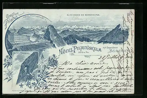 Vorläufer-Lithographie Pilatus, Hotel Pilatuskulm, Blick gegen die Berneralpen, An der Eselwand, 1895