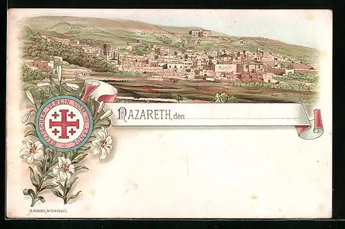 Lithographie Nazareth, Totalansicht aus weiter Ferne