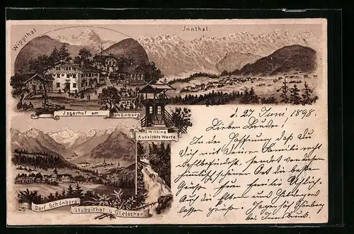 Lithographie Schönberg i. Stubaithal, Hotel Jagerhof am Schönberg, Witting Aussichts-Warte
