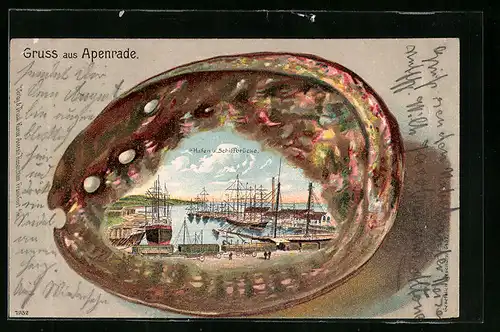 Künstler-AK Apenrade, Hafen und Schiffbrücke, Muschel