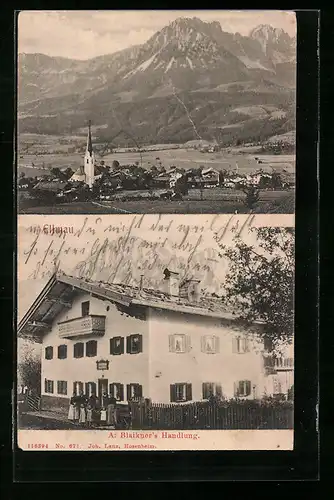 AK Ellmau, A. Blaikners Handlung, Ortsansicht mit Gebirge