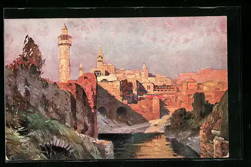 Künstler-AK Bethesda, Der Teich von Bethesda mit Türmen