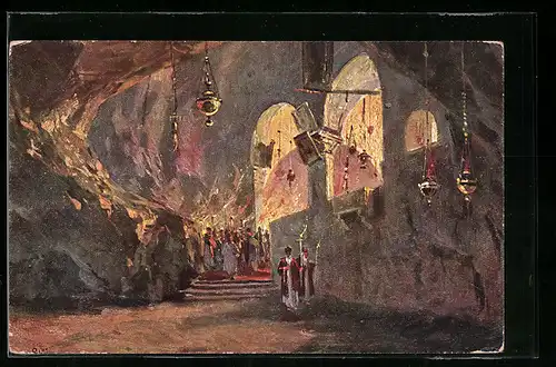 Künstler-AK Jerusalem, Prozession in der Kreuzfindungskapelle