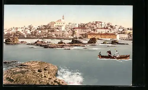 AK Jaffa, Ruderboot auf dem Meer vor der Stadt