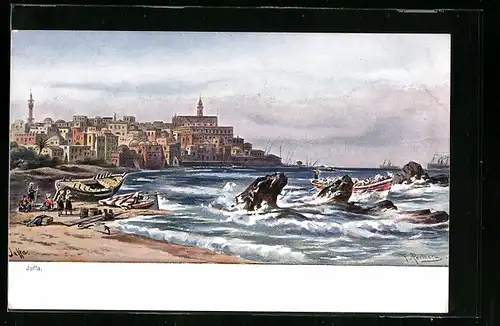 Künstler-AK Jaffa, stürmischer Seegang vor der Stadt