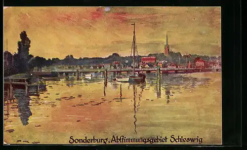 Künstler-AK Sonderburg, Blick vom Wasser auf die Stadt, Kirche