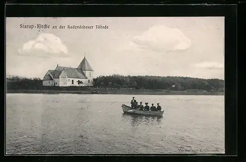 AK Starup, Kirche an der Haderslebener Föhrde mit Boot