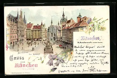 Lithographie München, Marienplatz mit Rathaus