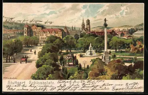 Lithographie Stuttgart, Schlossplatz mit Springbrunnen