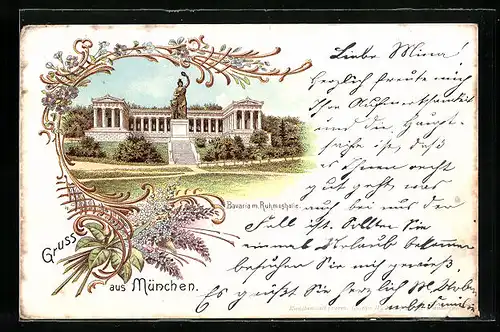 Lithographie München, Bavaria mit Ruhmeshalle