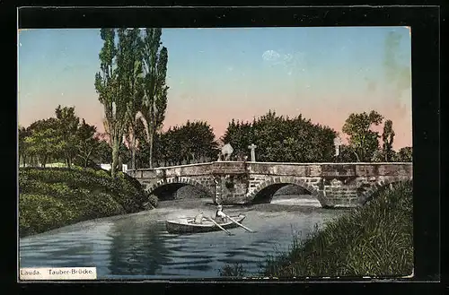 AK Lauda, Ruderboot an der Tauber-Brücke