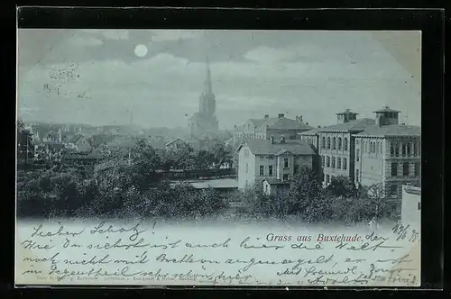 Mondschein-AK Buxtehude, Blick auf die Stadt