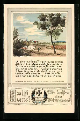 Künstler-AK Berlin, Wir sind im tiefsten Frieden..., Ansprache des Kaisers vom Balkon des Schlosses 1914, Eisernes Kreuz