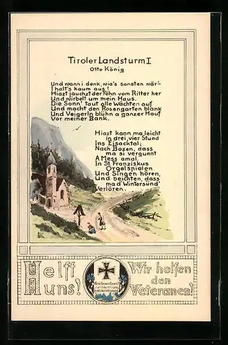 AK Kirche und Flurkreuz mit Betenden, Tiroler Lansturm I, Und wann i denk..., Otto König, Eisernes Kreuz