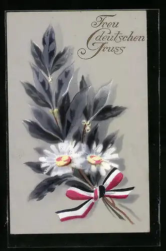 AK Treu deutschen Gruss, Blumen mit Fahnenband