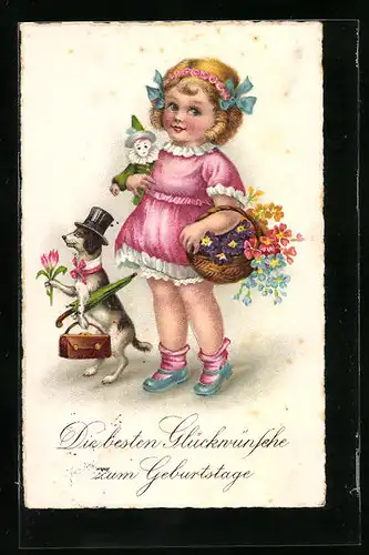 AK Kleines Mädchen mit Puppe, Blumenkorb und Hund, vermenschlichte Tiere, Geburtstagsgruss