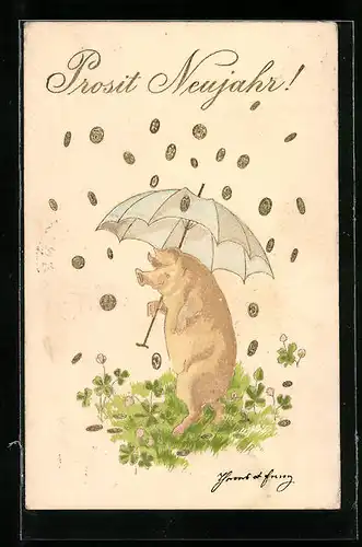 Präge-AK Schwein mit Schirm im Geldregen, vermenschlichte Tiere, Neujahrsgruss