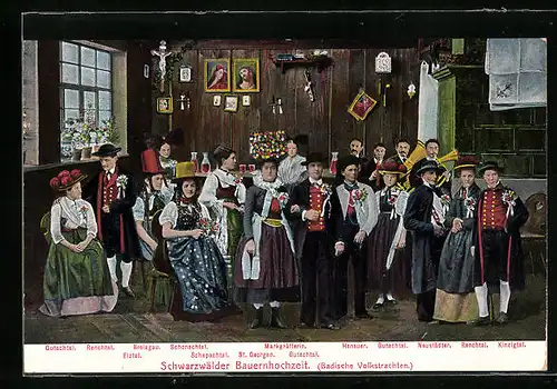 AK Schwarzwälder Brautpaar bei einer Bauernhochzeit in Badischen Volkstrachten