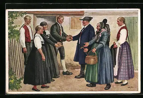 Künstler-AK Schwarzwälder Familien bei der Begrüssung