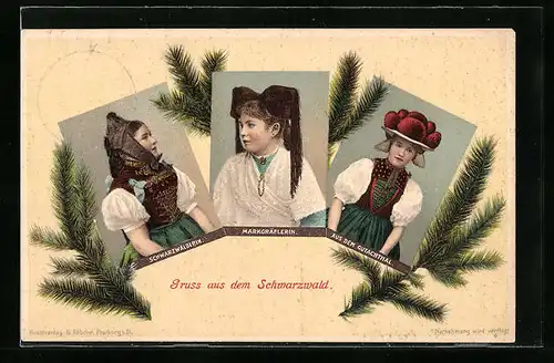 AK junge Frauen in Schwarzwälder, in Markgräfler und in Tracht aus dem Gutachthal