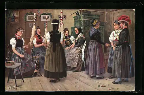AK Schwarzwälderinnen in der Spinnstube in Trachten