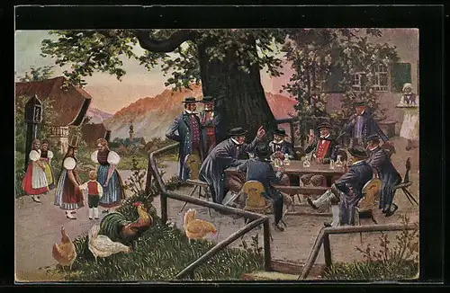 AK Schwarzwälder in geselliger Runde in Trachten aus dem Elz- und Glottertal