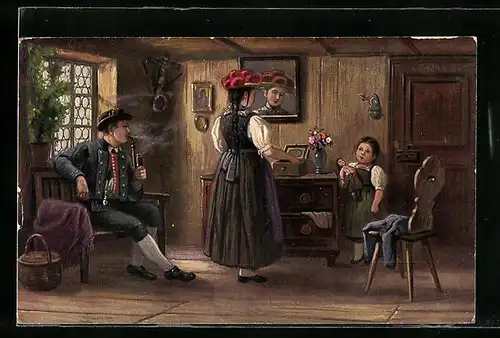 AK Schwarzwälder Bauernstube mit Familie mit Tracht