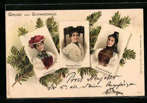 Lithographie Frauen in verschiedenen Schwarzwälder Trachten