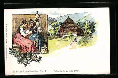 Lithographie Frauen in Schwarzwälder Tracht mit Schwarzwaldhaus