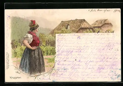 Lithographie Frau in Schwarzwälder Tracht