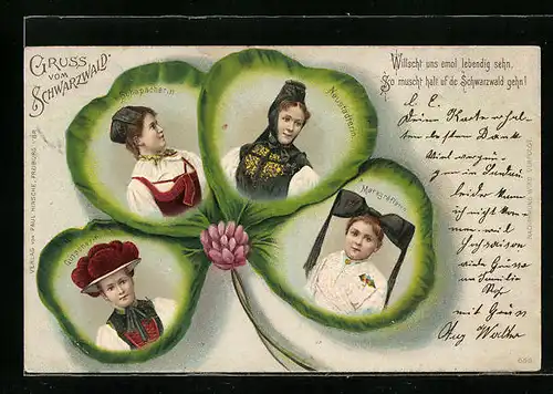 Lithographie Frauen in Schwarzwälder Trachten